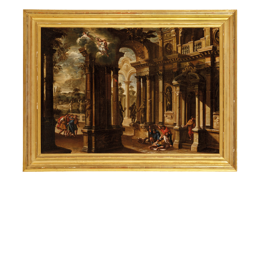 PIETRO GASPARI (attr. a) (Venezia, 1720 - 1785)<br>Capriccio con figure<br>Olio su tela, cm 64X89