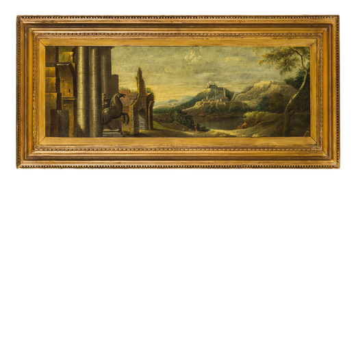 PITTORE ITALIANO DEL XVII SECOLO Paesaggio con rovine<br>Olio su tela applicata su tavola, cm 34X105