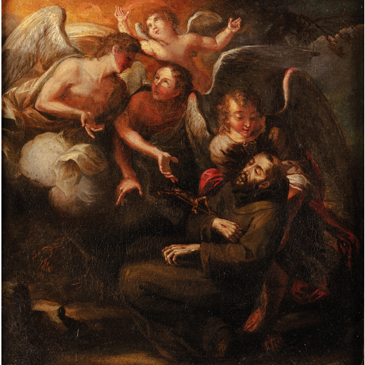 PITTORE DEL XVII SECOLO San Francesco confortato dagli angeli<br>Olio su tela, cm 36X36