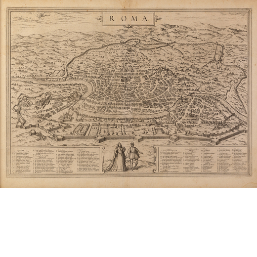 INCISIONE, XVIII SECOLO raffigurante planimetria di Roma, in cornice moderna e sotto vetro; usure, l