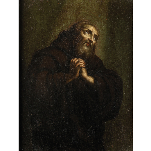 PITTORE DEL XVIII SECOLO Santo in preghiera<br>Olio su tavola, cm 18X14