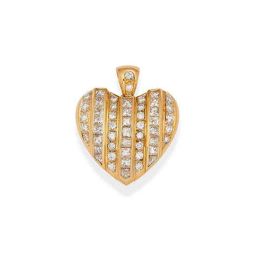 PENDENTE IN ORO E DIAMANTI a cuore decorato con diamanti taglio carré e brillante, punzone 750 e de