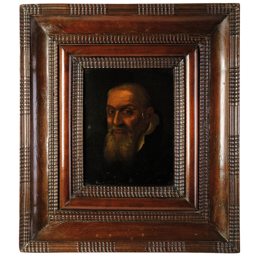 PITTORE DEL XVII SECOLO Ritratto di gentiluomo con barba<br>Olio su tavola, cm 23X19