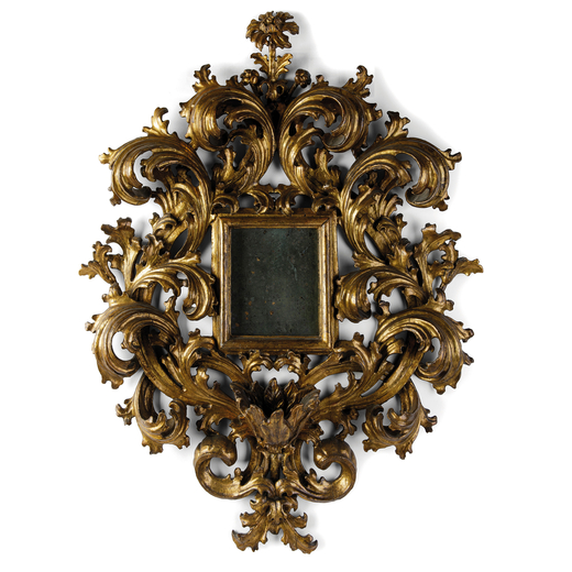 CORNICE IN LEGNO SCOLPITO, INTAGLIATO E DORATO, XVII-XVIII SECOLO lo specchio rettangolare, allester