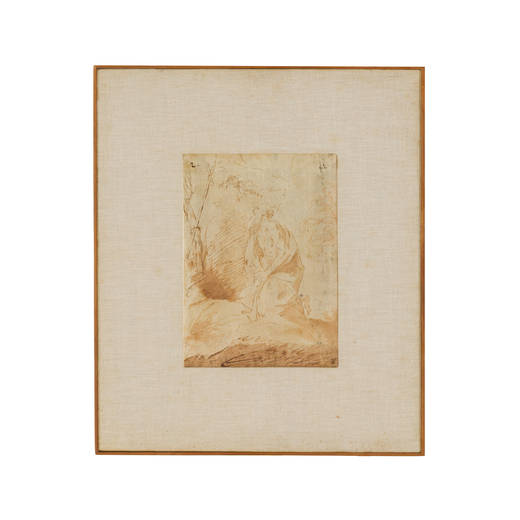 PITTORE DEL XVII-XVIII SECOLO San Gerolamo <br>Penna e bistro su carta applicata su tela, cm 24X18