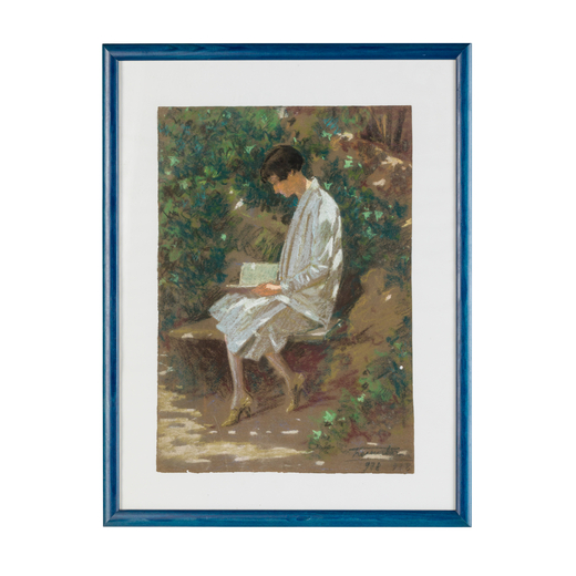 SEVERINO TREMATOR Torremaggiore 1895 - Oceano Atlantico 1940<br>Donna che legge nel parco<br>Firmato
