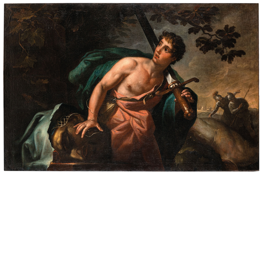 PITTORE EMILIANO DEL XVII-XVIII SECOLO  Davide e Golia<br>Olio su tela, cm 113X171,5