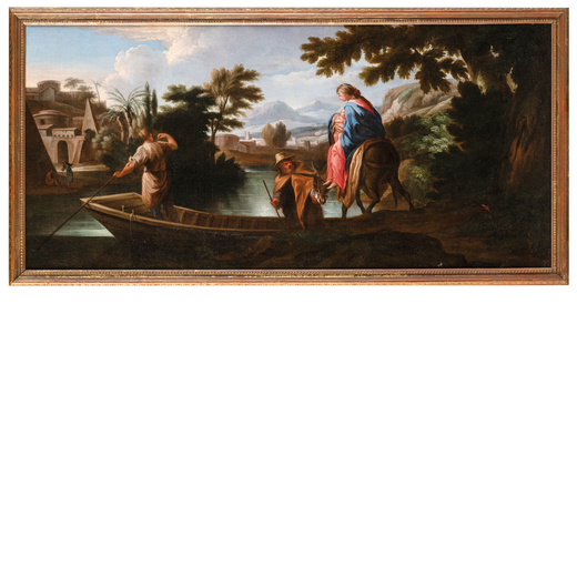 GIOVANNI FRANCESCO GRIMALDI (attr. a) (Bologna, 1605/1606 - 1680)<br>Fuga in Egitto<br>Olio su tela,