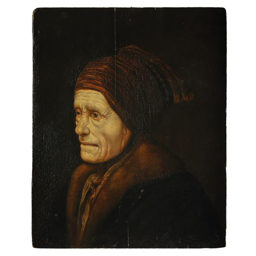 PITTORE DEL XIX SECOLO <br>(copia da o maniera di Rembrandt)<br>Ritratto di vecchia<br>Olio su tavol
