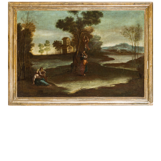 PITTORE DEL XVIII SECOLO  Paesaggio con contadini <br>Olio su tela, cm 66X94