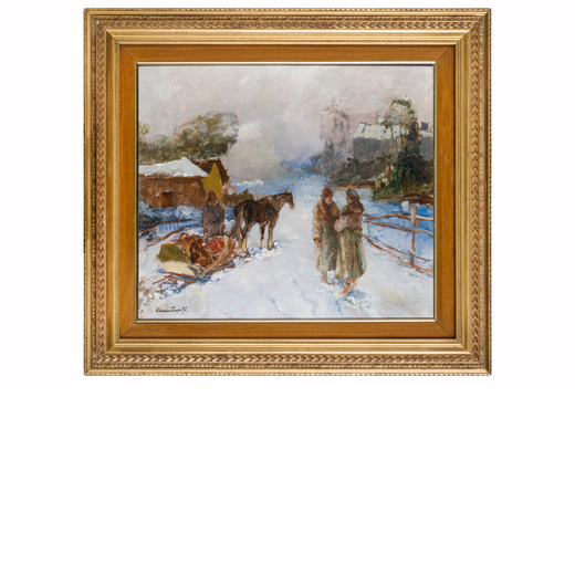 ALESSIO ISSUPOFF Vjatka, 1889 - Roma, 1957<br>Paesaggio russo con contadini e cavalli  <br>Firmato A