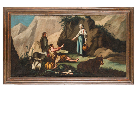 FRANCESCO LONDONIO (maniera di) (Milano, 1723 - 1783) <br>Scena pastorale<br>Olio su tela, cm 46X8