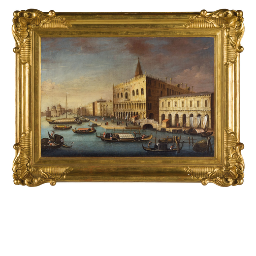 PITTORE DEL XVIII-XIX SECOLO Veduta del Bacino di San Marco con il Palazzo Ducale<br>Olio su tela, c