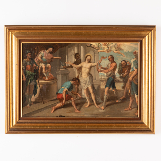 PITTORE DEL XVIII SECOLO Martirio di San Bartolomeo<br>Olio su tela, cm 33X50