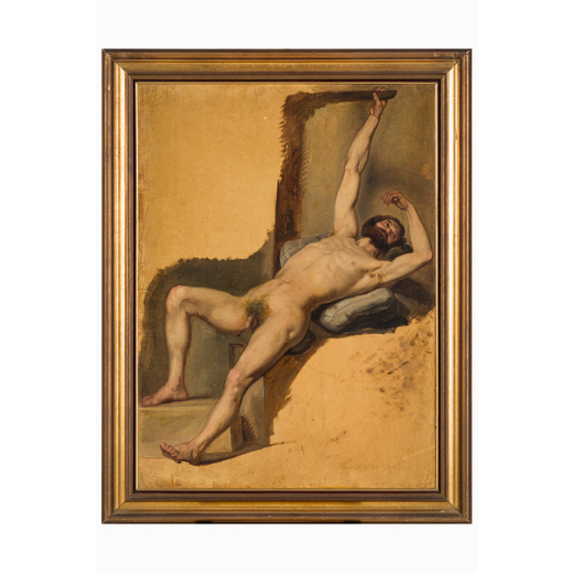 PITTORE FRANCESE DEL XIX SECOLO Studio di nudo<br>Olio su carta applicata su tela, cm 63X45