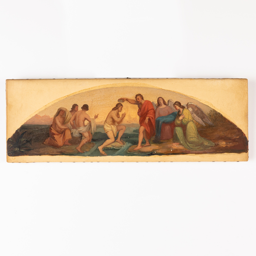 PITTORE DEL XIX SECOLO Bozzetto raffigurante Battesimo di Gesù<br>Olio su carta applicata su tela, 