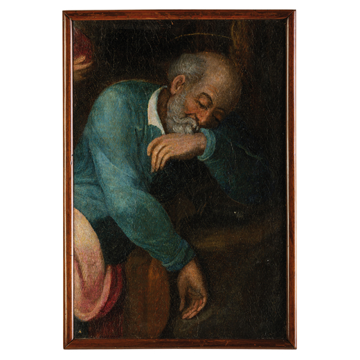 PITTORE DEL XVII SECOLO San Giuseppe addormentato<br>Olio su tela, cm 33X22