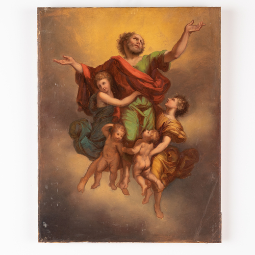 PITTORE DEL XIX SECOLO Ascensione di un santo<br>Olio su carta applicata su tela, cm 45X35