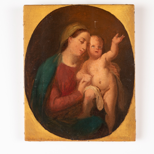PITTORE DEL XIX SECOLO Madonna con il Bambino<br>Olio su carta applicata su tela, cm 30X25