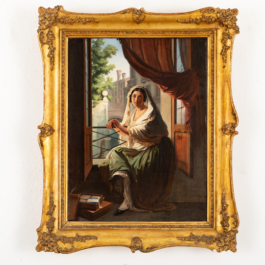 ENRICO ROMOLO attivo a Milano 1859/1881<br>Donna alla finestra a Venezia<br>Firmato E Romolo in bass