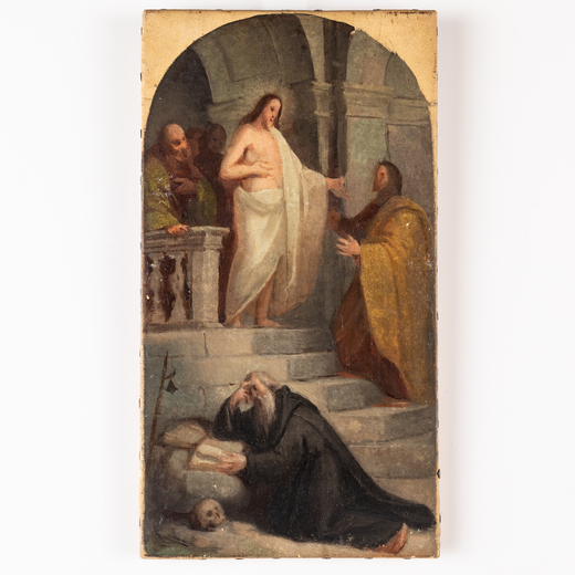 PITTORE DEL XIX SECOLO Scena religiosa<br>Olio su carta applicata su tela, cm 34X19