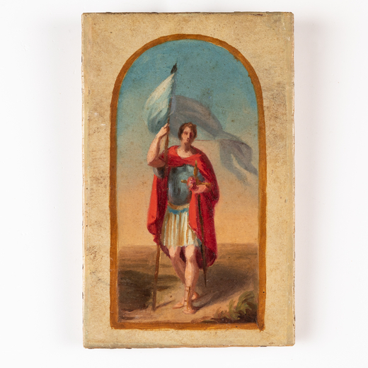 PITTORE DEL XIX SECOLO San Giorgio<br>Olio su carta applicata su tela, cm 23X14,5