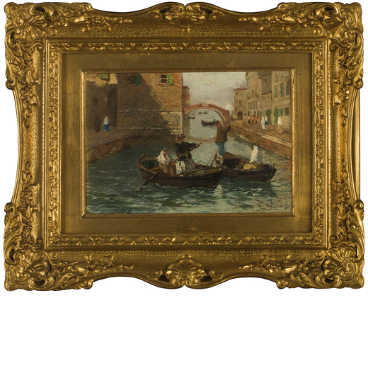 MOSÈ BIANCHI (Monza (MI) 1840 - 1904)<br>Barche con figure a Chioggia<br>Firmato M Bianchi in basso
