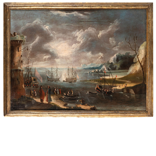 PETER VAN DE VELDE (attr. a) (Anversa, 1634 - dopo il 1707)<br>Veduta portuale di fantasia<br>Olio s