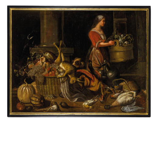 PITTORE OLANDESE DEL XVII - XVIII SECOLO Scena di cucina<br>Olio su tela, cm 130X169