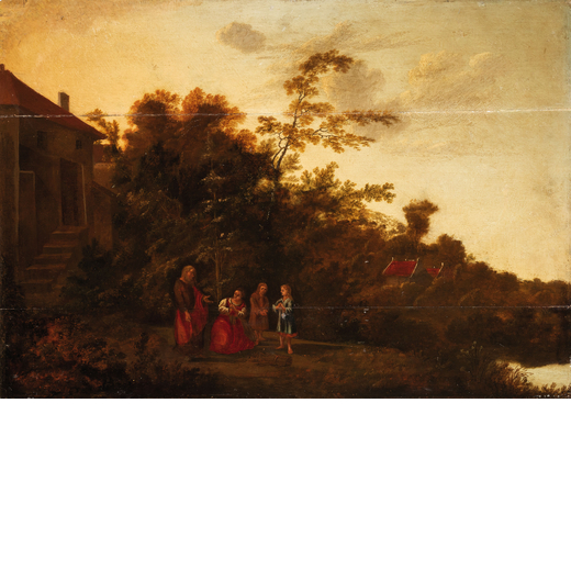 PITTORE FIAMMINGO DEL XVII-XVIII SECOLO Paesaggio con figure<br>Olio su tavola, cm 59,5X83,5
