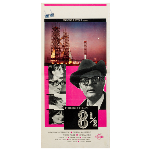 8 1/2 Locandina Cinema<br>Anonimo<br>Prima Edizione Italiana 1963<br>Misure h 70 x L 33 cm<br>Condiz