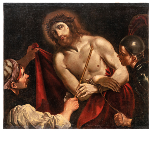 PITTORE CARAVAGGESCO DEL XVII SECOLO Cristo deriso<br>Olio su tela, cm 98,5X113,5