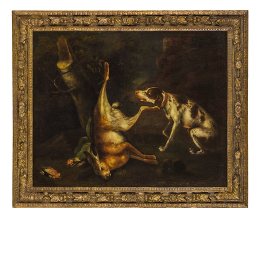 WENZEL IGNAZ BRASCH (Lysa nad Labem, 1708 - Schwabach, 1761)<br>Cacciagione con cane<br>Siglato sul 