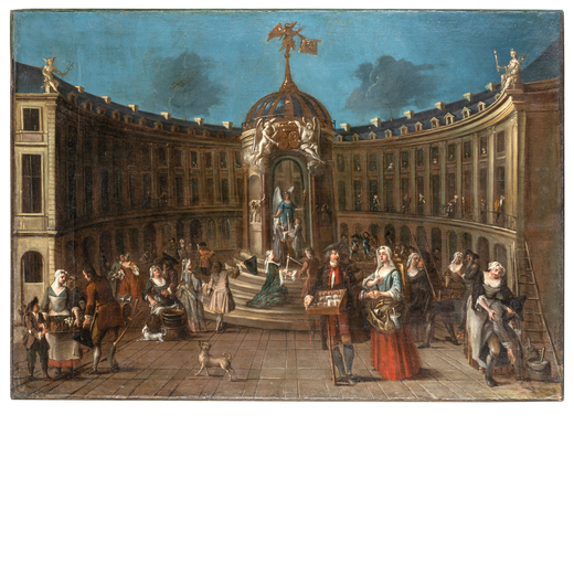 PITTORE DEL XVII-XVIII SECOLO Veduta di piazza con apparato effimero e figure <br>Olio su tela, cm 9