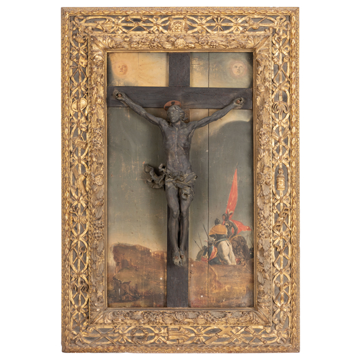 GRUPPO SCULTOREO IN BRONZO PATINATO, XVIII SECOLO raffigurante Cristo crocefisso su croce in legno e