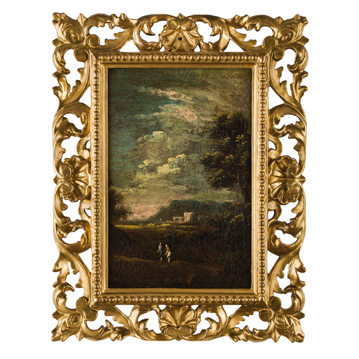 PITTORE VENETO DEL XVIII SECOLO Paesaggio<br>Olio su tela, cm 23X15,5