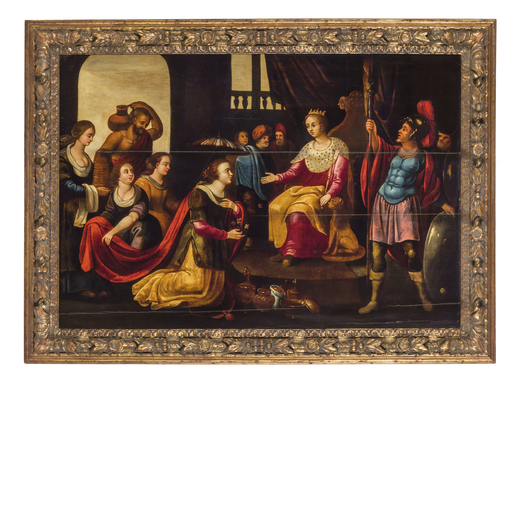 PITTORE FIAMMINGO DEL XVII SECOLO Scena biblica<br>Olio su tavola, cm 74X108