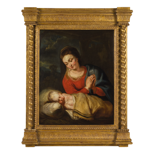 PIETER PAUL RUBENS (copia da) (Siegen, 1577 - Anversa 1640)<br>Vergine col Bambino<br>Olio su tela, 