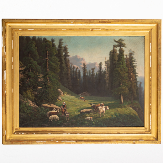 PITTORE DEL XIX-XX SECOLO <br>Paesaggio di montagna con contadina e animali <br>Olio su tela, cm 87X