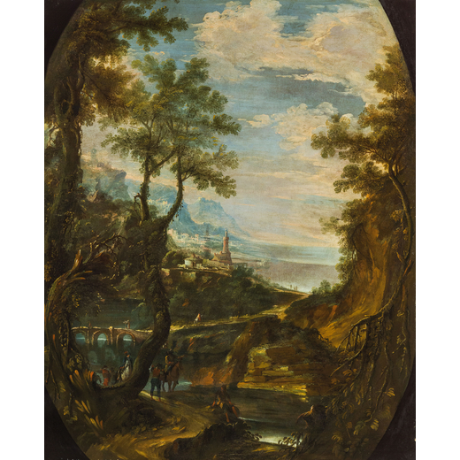 ANTONIO MARINI (attr. a) (Venezia, 1668 - 1725)<br>Paesaggio lacustre con ponte e cavalieri<br>Olio 