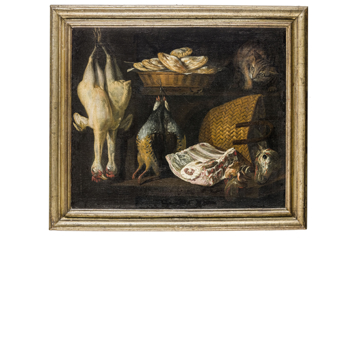 GIOVANNI RIVALTA ? (Faenza, 1756 - 1823)<br>Interno di cucina con gatto<br>Olio su tela, cm 74X87