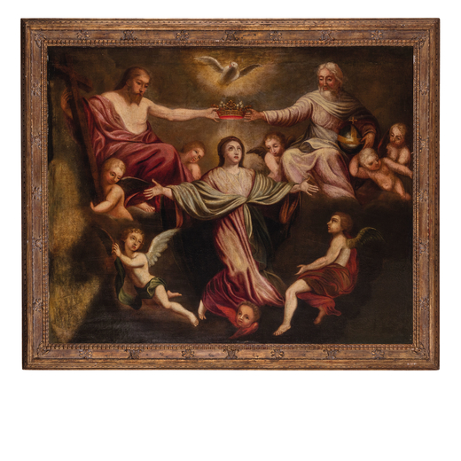 PITTORE DEL XVII-XVIII SECOLO Incoronazione della Vergine<br>Olio su tela, cm 126X153
