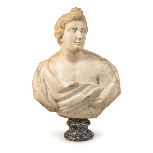 SCULTURA IN MARMO, XVIII SECOLO  raffigurante busto di figura classica, poggia su base a plinto circ