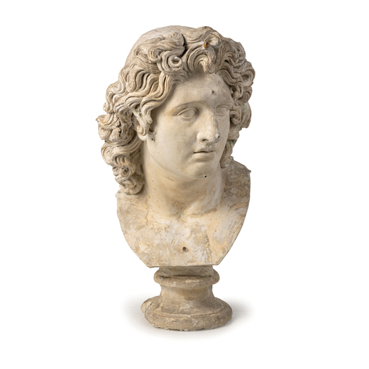 MODELLO IN GESSO, XIX SECOLO  raffigurante testa di Alessandro Magno, poggia su plinto circolare<br>