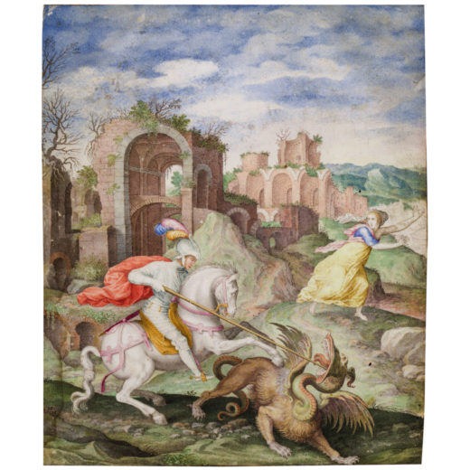 GERONIMO CASTELLO (Genova, 1580 circa - 1643)<br>San Giorgio uccide il drago (da Giulio Clovio)<br>T