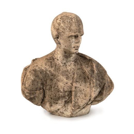 SCULTURA IN MARMO, XVIII-XIX SECOLO  raffigurante busto virile panneggiato <br>Alt. cm 69, larg. cm 