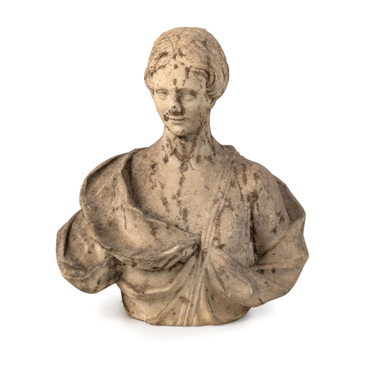 SCULTURA IN MARMO, XVIII-XIX SECOLO  raffigurante busto femminile panneggiato, tratto da repertori c
