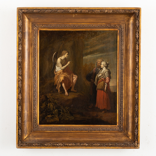 PITTORE OLANDESE DEL XVII SECOLO Langelo con Manoah e sua moglie<br>Olio su tela, cm 61X51