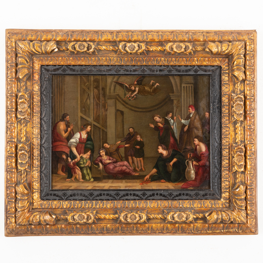 PITTORE DEL XVII-XVIII SECOLO La morte di Santa Cecilia<br>Olio su tavola, cm 35X51