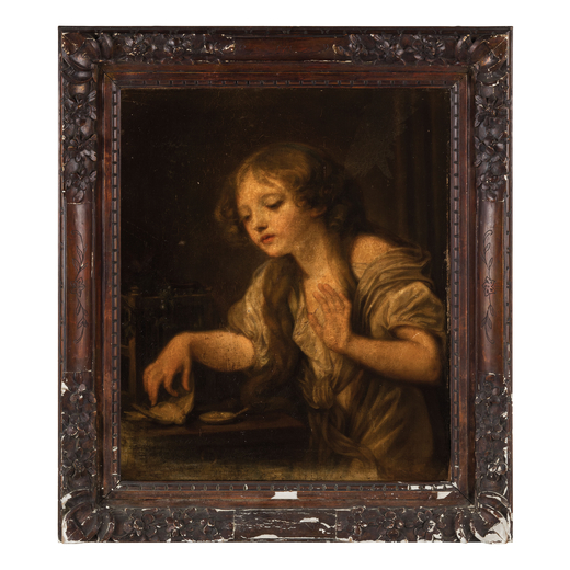 PITTORE FRANCESE DEL XVIII-XIX SECOLO Ritratto di donna<br>Olio su tela, cm 53,5X65<br